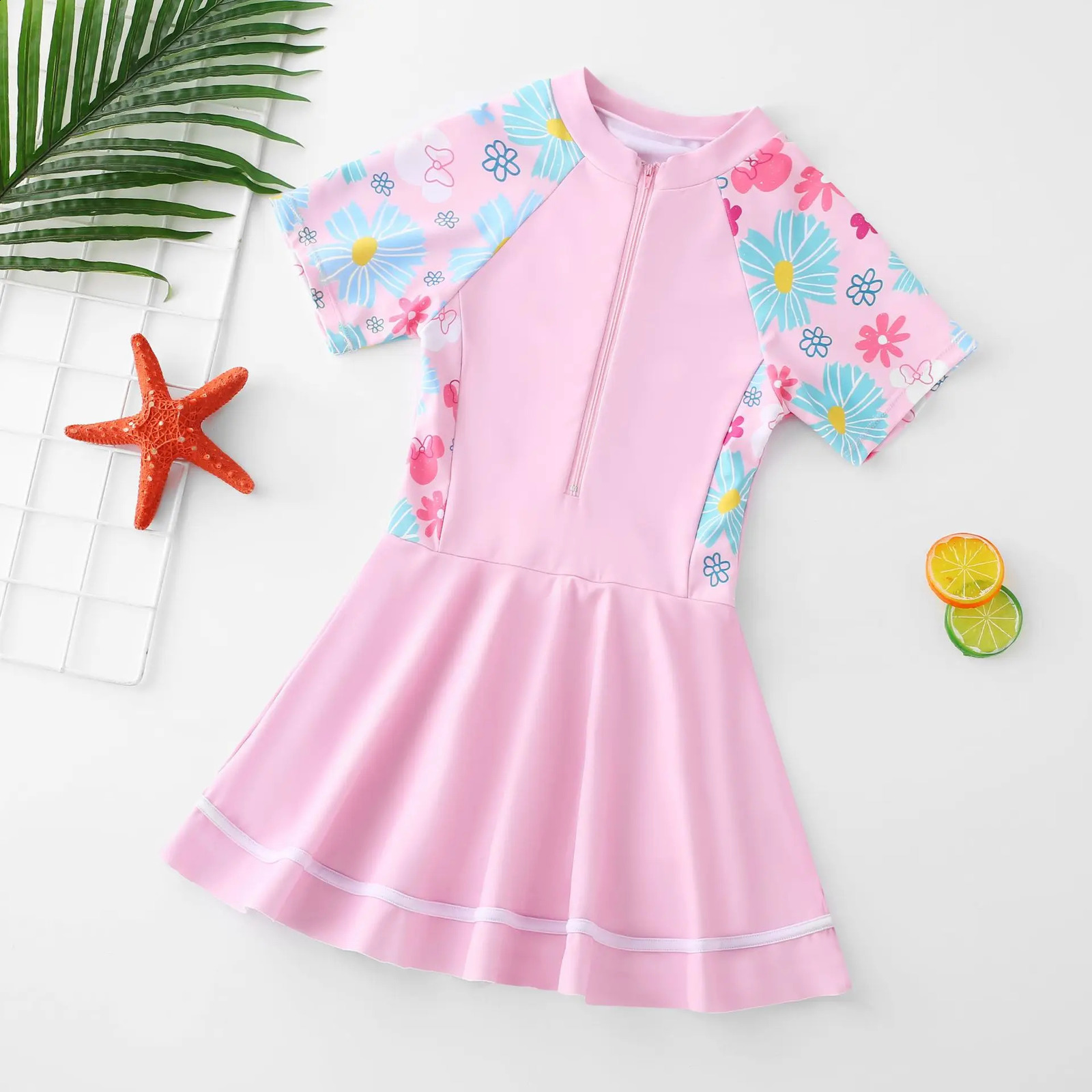 Two Piece Girls Swimsuits Beach Wear Kids Swimwear Summer Floral/Tropical Print Zip Up Bathing Suits For Swimsuit Beach Outfit 250319