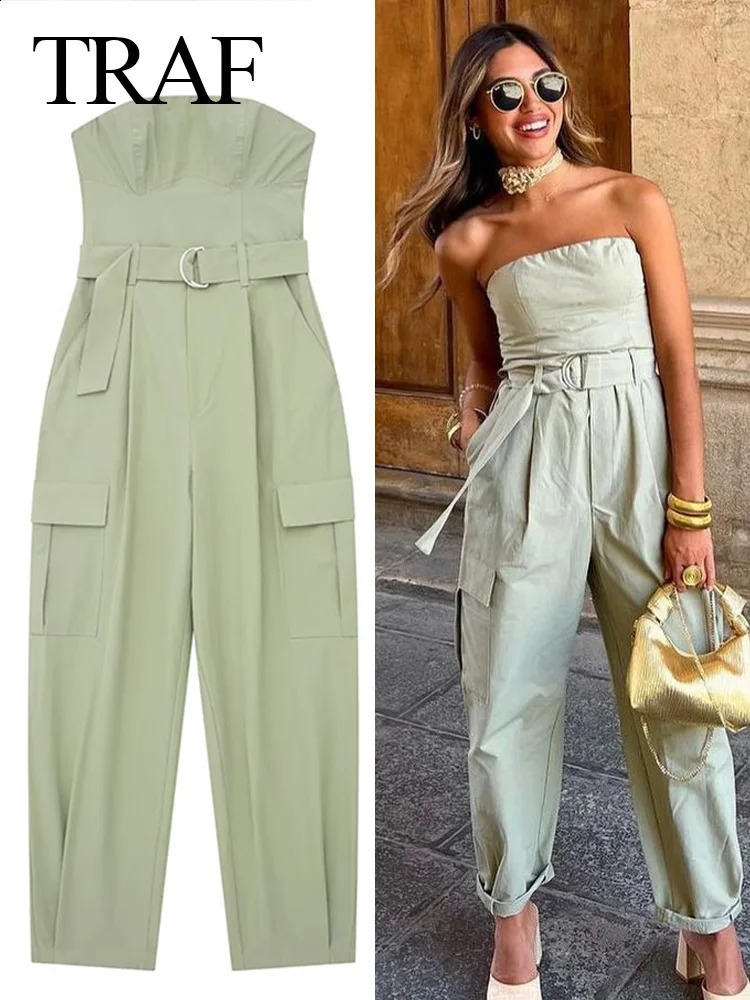 TRAFZA Spring Women Fashion Y2K Jumpsuit Solid Green With Belt Sleeveless Green Cargo Pants Loose Chic Female Clothing Street 250319