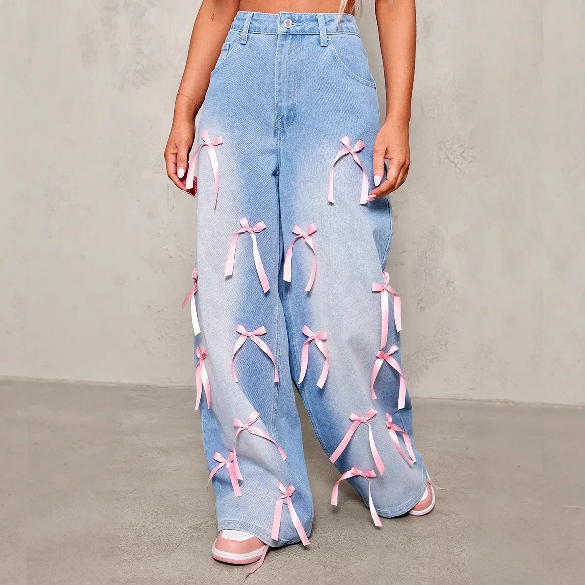 High waisted wide leg denim jeans for womens street style loose fitting bow tie pants from mainland China clothing 250319