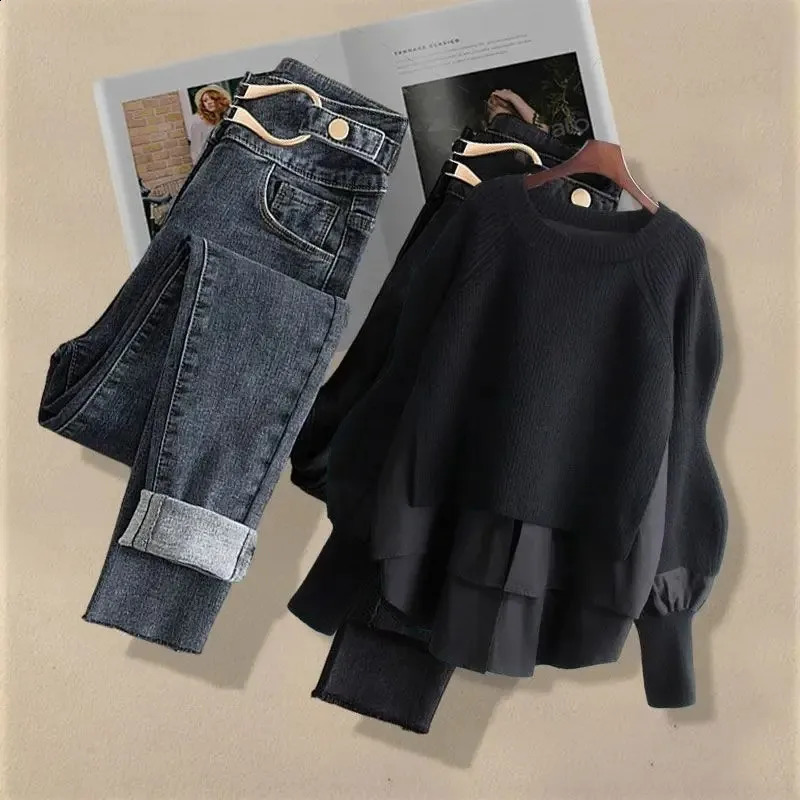 2025 Spring Autumn Vintage Jeans Matching Set Womens Korean Elegant Two Piece Knit SweaterHigh Waist Denim Pants Suit 250319