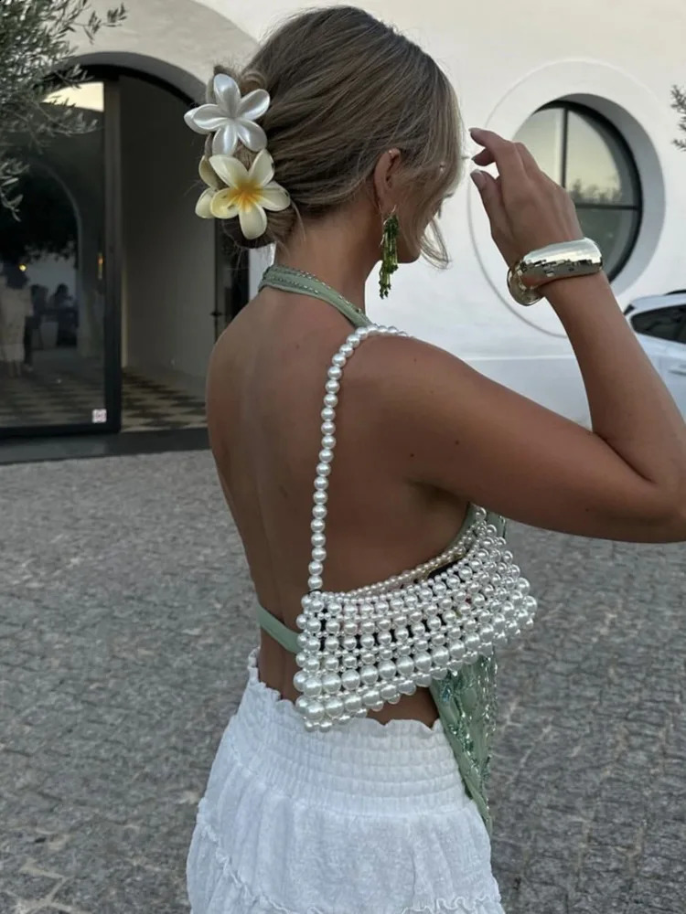 Mozision Glitter Deep V Neck Sexy Tank Tops Women Vest Pullovers Summer Sparkle Backless Cropped Tops Elegant Beach Tops 250319