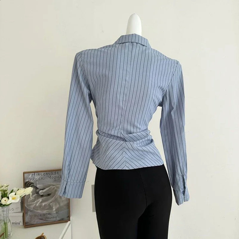 Blue striped womens retro elegant irregular waist white top Korean long sleeved fashionable button ultrathin n 250319