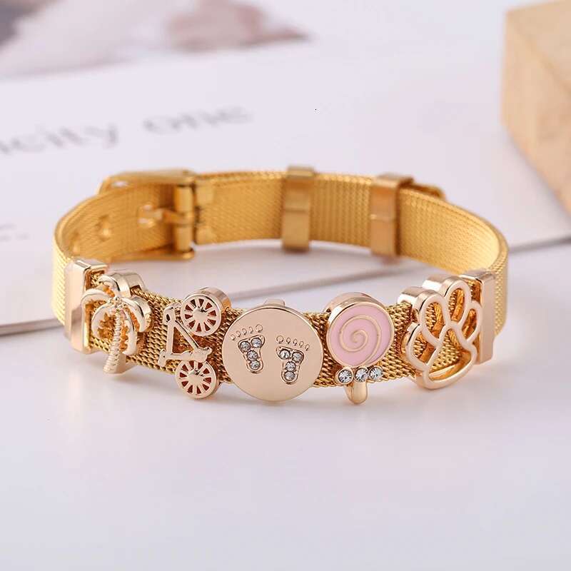 Gold Color Slide Charm Bracelets Set With 10mm Lovely Dog Paw Bicycle Keeper Stainless Steel Mesh Bracelet For Women Men Jewelry