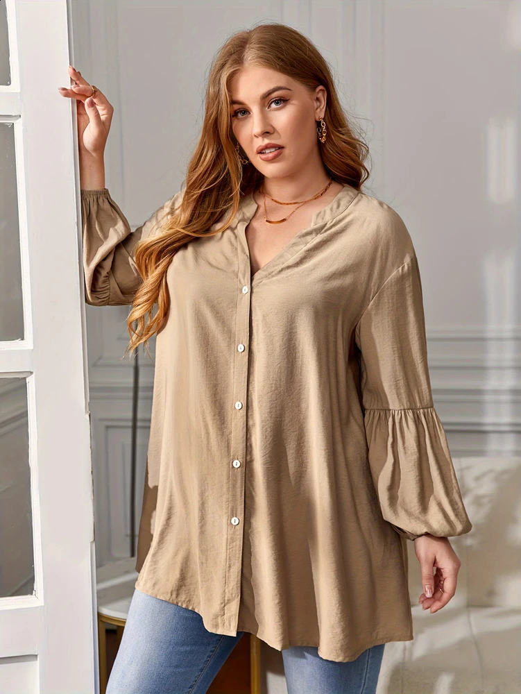 Plus Size 2025 Spring Womens Solid Color Button Shirt Elegant Loose Blouse Versatile Office 250319