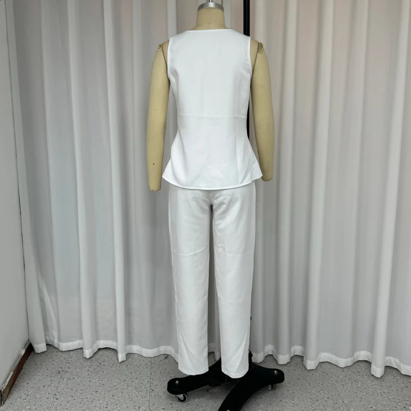 LIYONG Women Two Piece Set Summer Casual Solid Sleeveless Round Neck Button Irregular Top With Pocket Pencil Pants Sets 250319