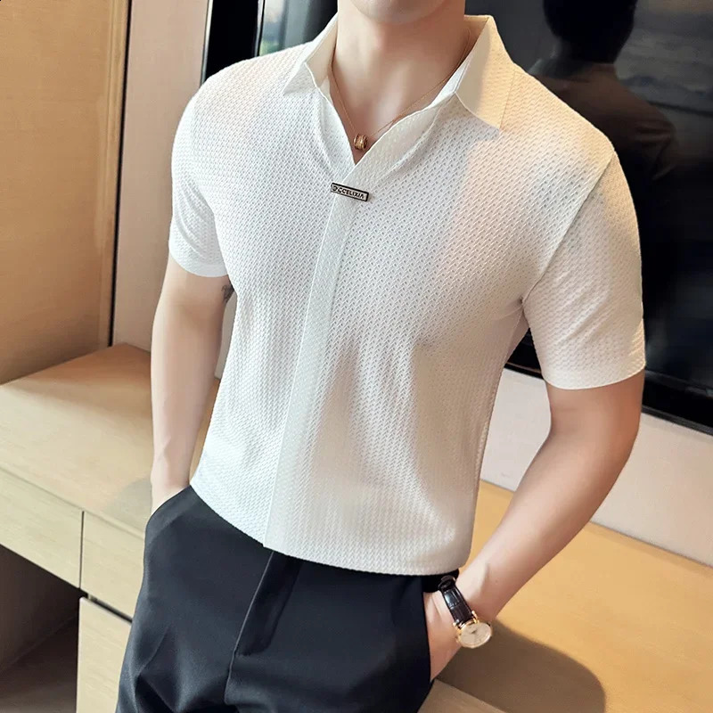 Mens Waffle Polo Shirt British Style Summer Ice Silk Thin Solid Casual Elastic Slim Fit Short Sleeved T-shirt Mens Clothing 250318