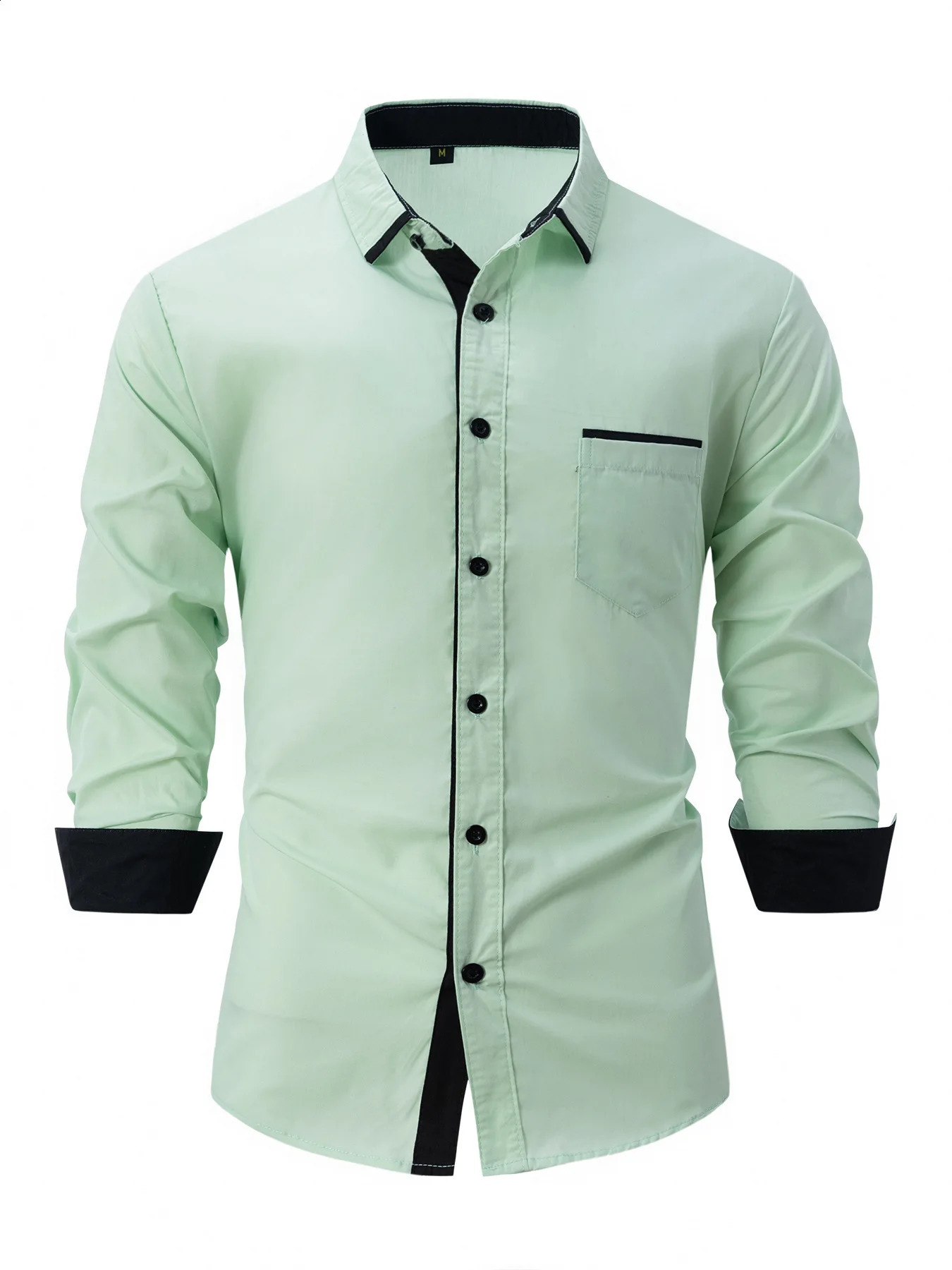 Mens business casual color combination loose long sleeved pocket shirt mens autumn cotton blend 250317