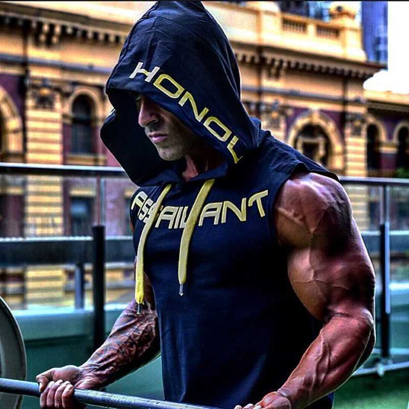 Mens vest fitness suit sleeveless hoodie cotton single set mens jogging vest fitness casual wearT250318