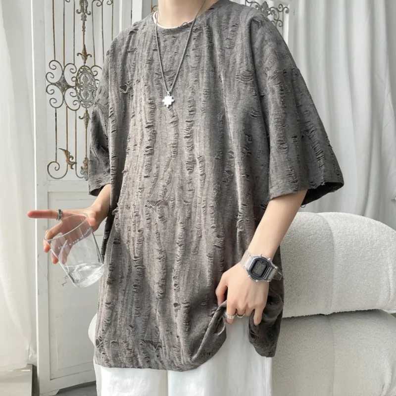 Summer fashion casual hole short sleeved mens T-shirt 2023 O-neck loose casual T-shirt mens clothingT250318