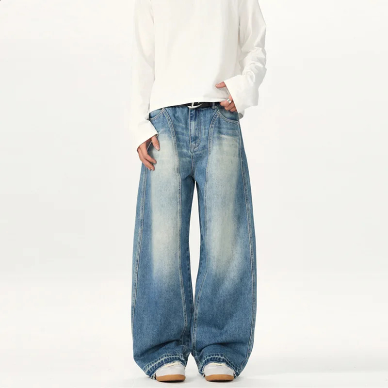 Mens jeans pocket casual autumn and winter plus size straight wide leg pants American street fashion mens clothing 250317