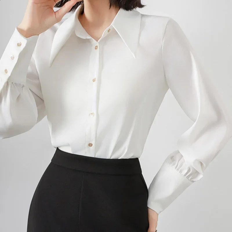 Spring Summer Satin White Womens Blouse Long Sleeve Elegant Korean Workwear Office Lady Casual Loose Shirts Female 250318