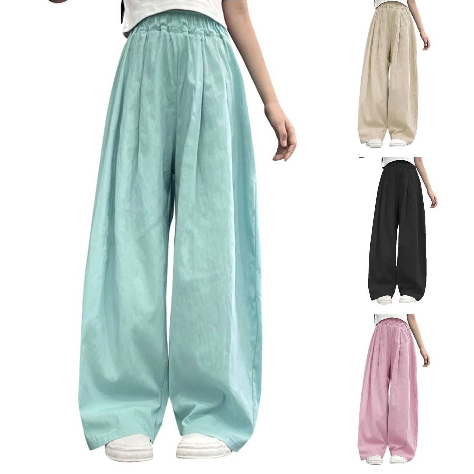 Solid color casual pants suitable for girls elastic waist straight pants summer loose and breathable wide leg pants childrens summer pantsT250318