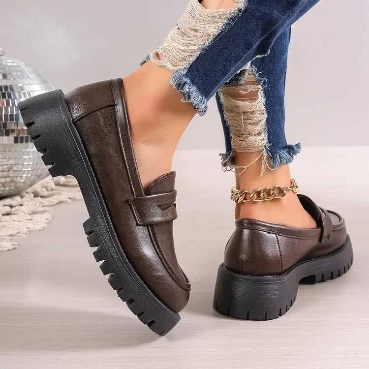 Brown Punk Platform Womens Loafers Round Toe Thick High Heels Retro Shoes Womens Slippery High Heels Womens PumpXJ250319