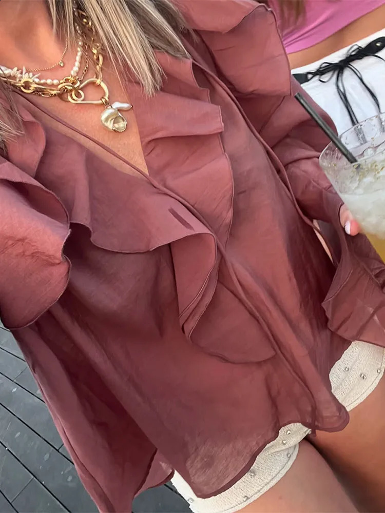 Elegant Ruffles Flared Sleeve Oversized Shirt For Women Chic V-neck Solid Cropped Blouse 2025 Office Lady Commute Streetwear 250319