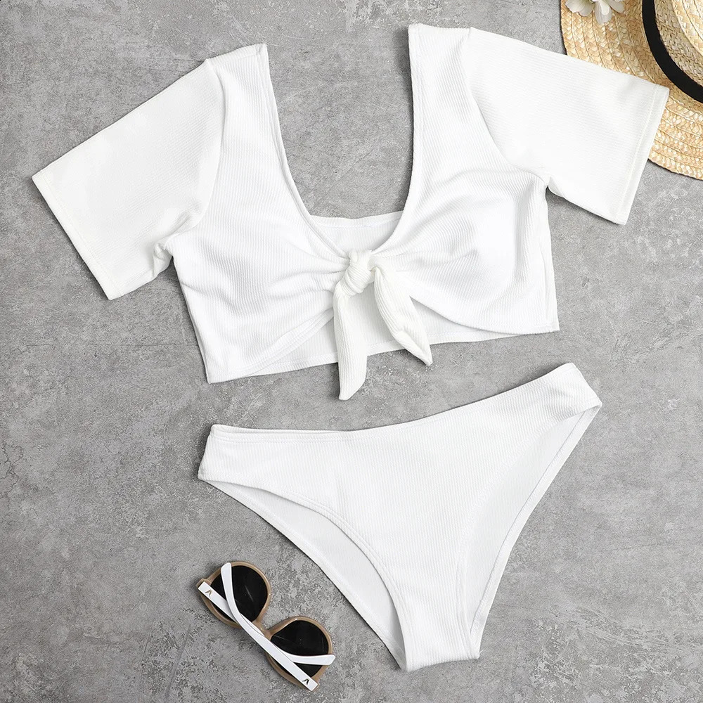Short sleeved womens swimsuit high waisted bikini womens swimsuit two-piece bikini set knot high cut swimsuit womens swimsuit 250314