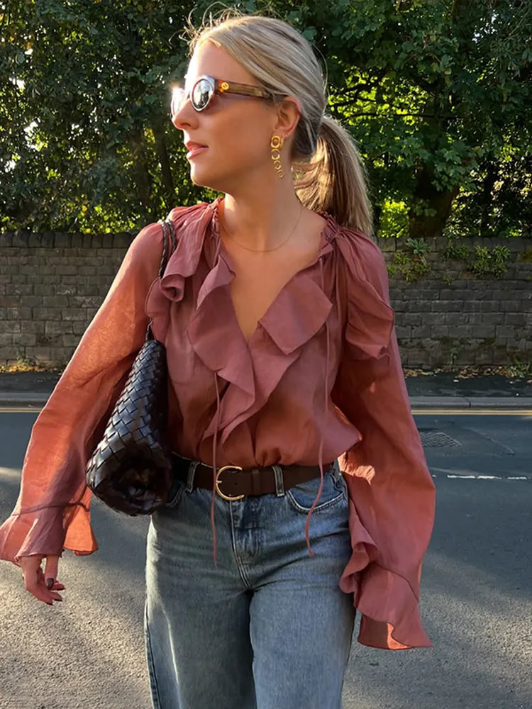 Elegant Ruffles Flared Sleeve Oversized Shirt For Women Chic V-neck Solid Cropped Blouse 2025 Office Lady Commute Streetwear 250319
