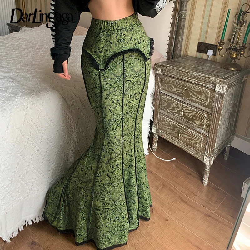 Darlingaga Vintage Fashion Elegant Green Trumpet Long Skirt Graphic Printed Lace Trim Y2K High Waist Skirt Women 2000s Aesthetic 250313