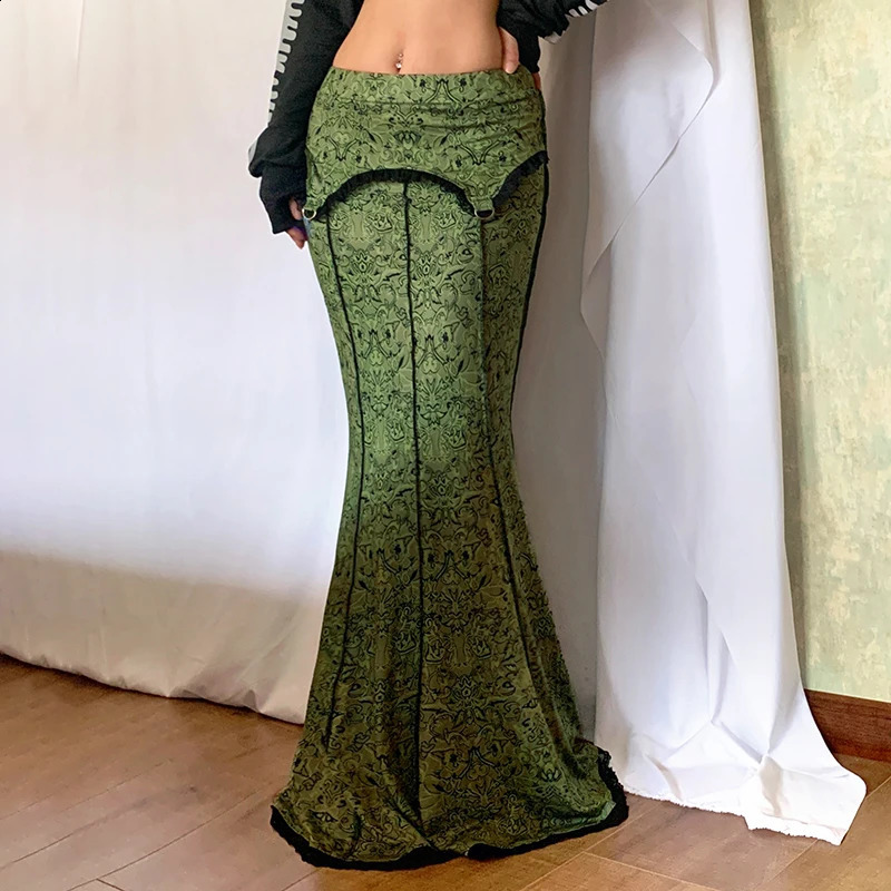 Darlingaga Vintage Fashion Elegant Green Trumpet Long Skirt Graphic Printed Lace Trim Y2K High Waist Skirt Women 2000s Aesthetic 250313