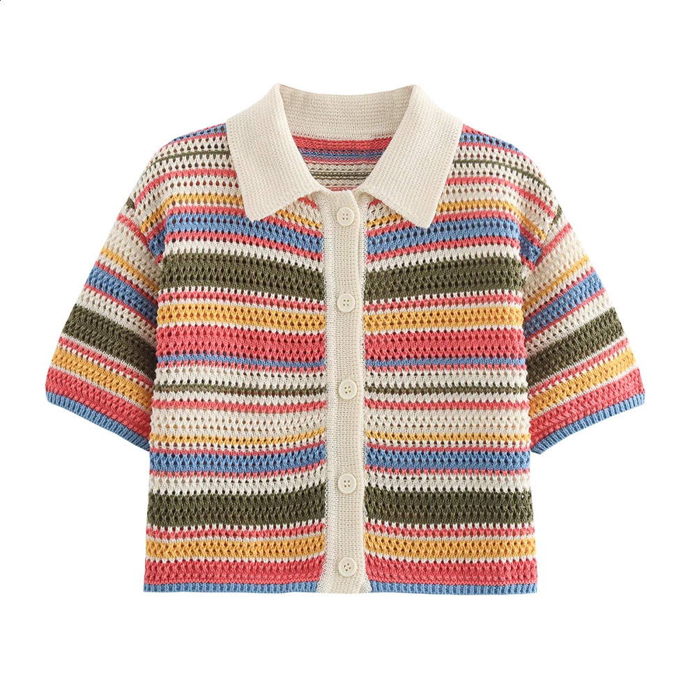 ZATT Summer Collection Sweet Vintage Polo Collar Single Breasted T Shirt Short Pants Candy Color Striped Women Suit Set 250319