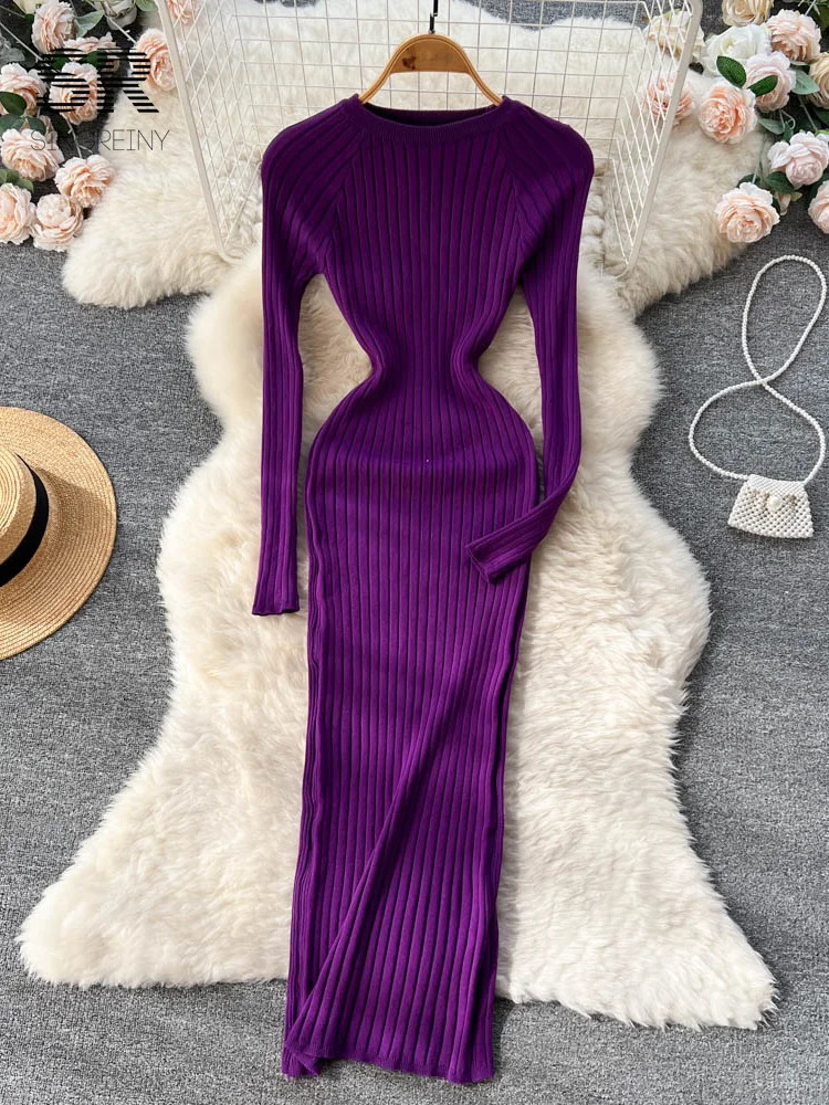 SINGREENY Winter Womens Knitted Long Skirt O-Neck Autumn Long Sleeve Ultra Thin Solid Harajuku Womens Fashion Pencil Sweater Long Skirt 250318