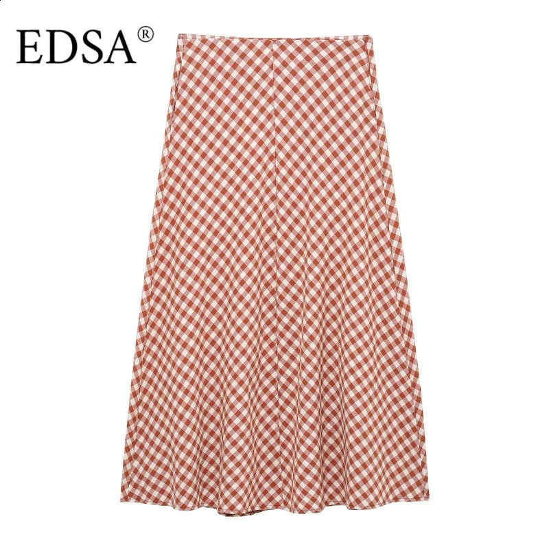 EDSA Womens Gingham Skirt Set Cut Shirt Thin Striped High Waist Straight Midi Skirts Street Suitable for Parties 250318