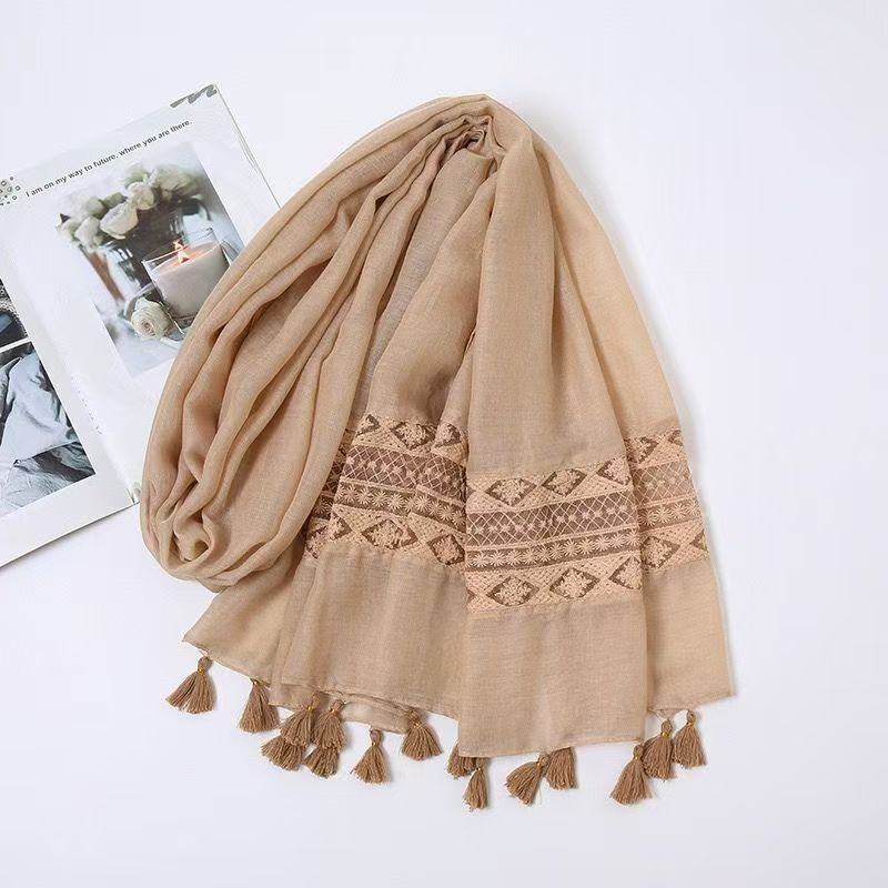 T313 Autumn and Winter Long Thick Cotton Solid Color Lace Scarf Elegant Tassel Cotton and Linen Scarf