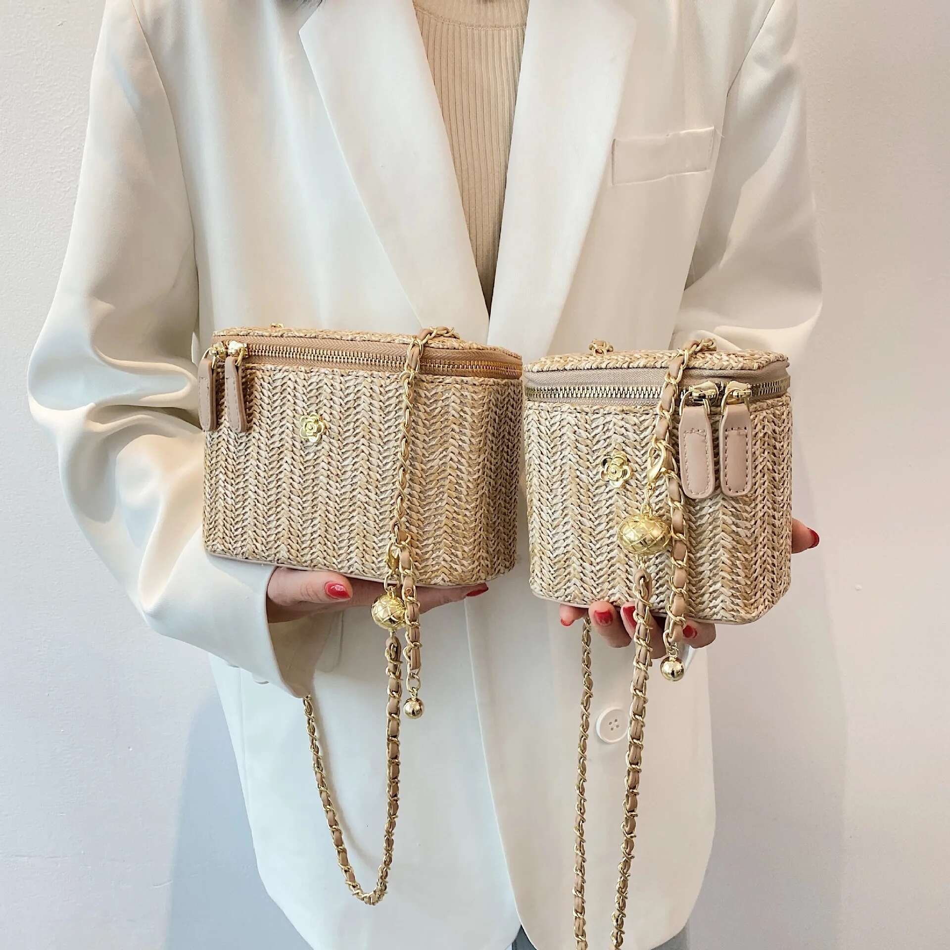 Mini Straw Bucket Crossbody Bag For Women 2021 Summer Weave Women's Brand Handbags And Purses Fashion Chain Simple Shoulder Bags