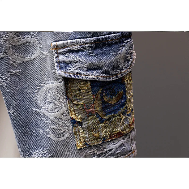 2024 Summer Thin Personalized Dragon Pattern Fashion Loose Denim Shorts for Men Street Straight Blue Male 250319