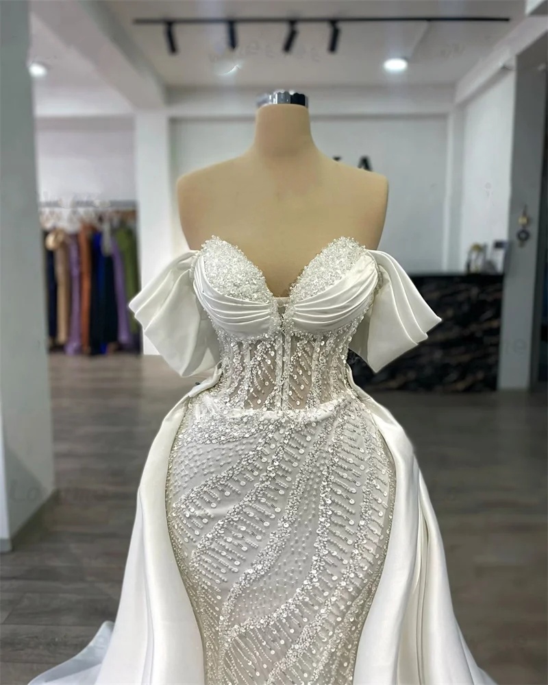 Elegant Mermaid Wedding Dress Sweetheart Neck Off Shoulder Bridal Gowns Beaded Sequins Detachable Train Dresses Custom Made vestidos de novia