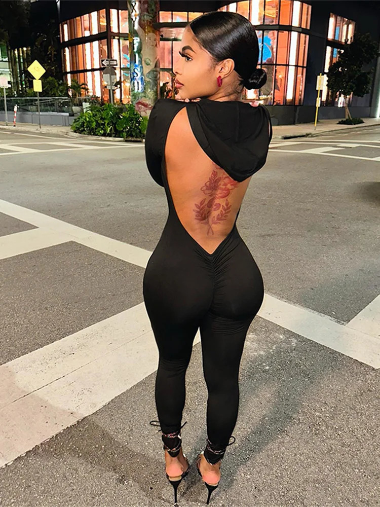 Weird Puss Backless Hooded Women Jumpsuit Low Chest Body-Shaping Pencil Pants Slim Elastic High Waist One Pieces Y2K Streetwear 250319