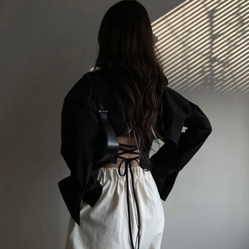 Gidyq Korean Bandage Shirt Women Fashion Backless Sexy Blouse Office Ladies Casual Slim Chic Turn Down Collar Long Sleeve Tops 250319