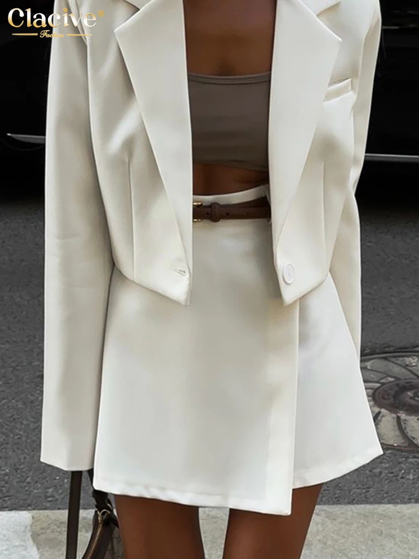 Clacive Fashion Loose White Office Skirts Sets For Women 2 Pieces Elegant Long Sleeve Crop Shirt With High Waist Mini Skirt Set 250319