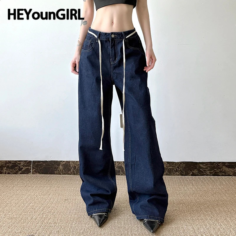 HEYounMIRL Fashion Waist Rope Basic Korean Bag Jeans Deep Blue Loose Suitable for Wide Leg Pants Harajuku Retro Cowboy Street 250317