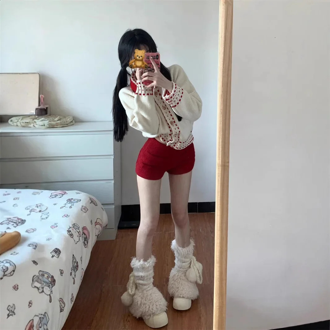 Retro Knitted Cardigan And Casual Red Pants Set for Women Year Fashion Single Piece Turndown Collar Color Block n 250319