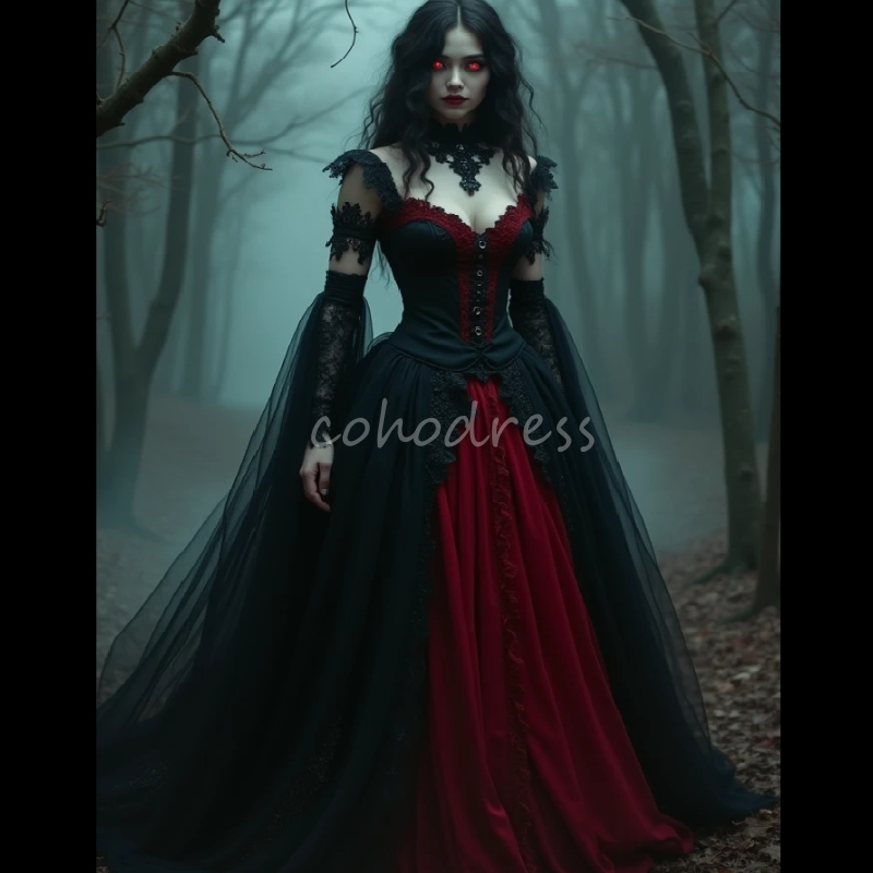Fantasy Black And Red Gothic Wedding Dress Vampire Witch Elf Aesthetic Baroque Victorian Bridal Dress Lace Bohemian Bride Regal Robes De Mariee Vampir