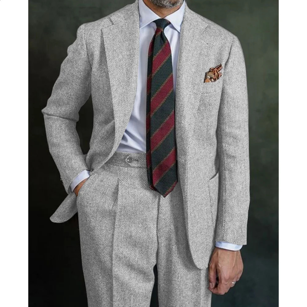 Mens Herringbone Suit Two Piece Elegant Pants Set Casual Clothing Halloween Party 250311