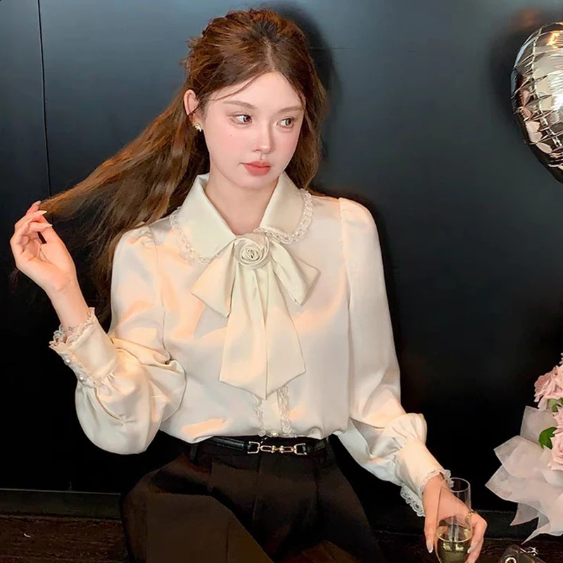 Vintage French Women Shirts Lace Lolita Elegant Long Sleeve Flounce Blouse High Quality Office Lady Fashion Chic Female Tops 250319