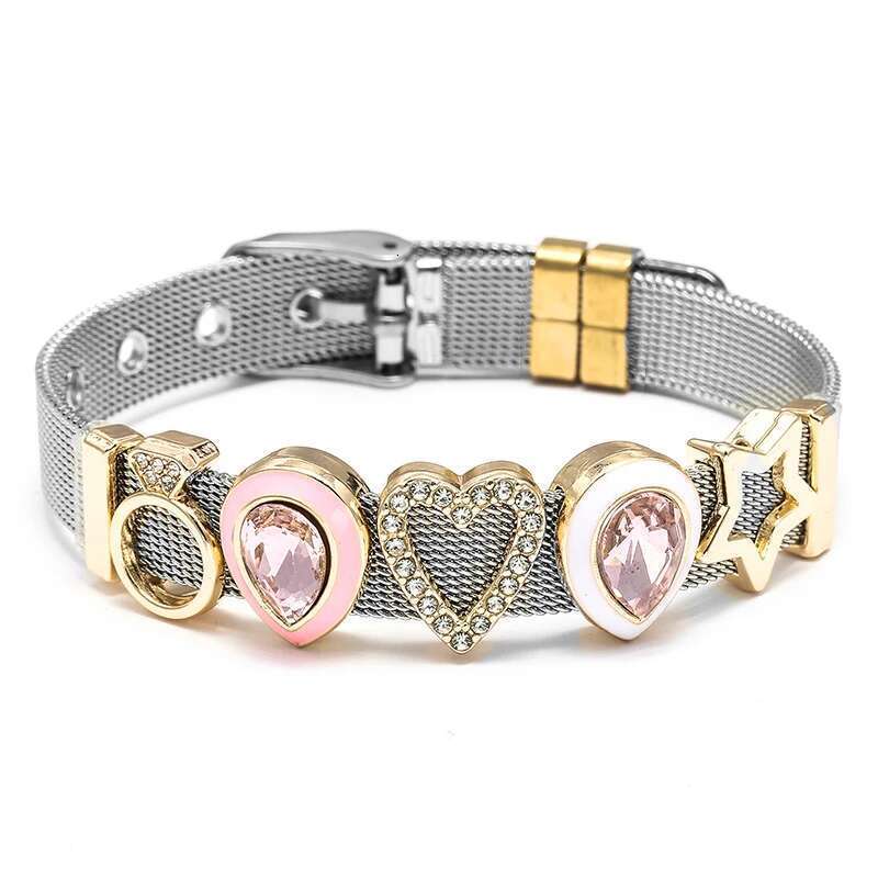 Crystal Heart Crown Beads 10mm Stainless Steel Mesh Bracelets Charm Keeper Bracelets Bangles For Women Mother Fashion Jewelry