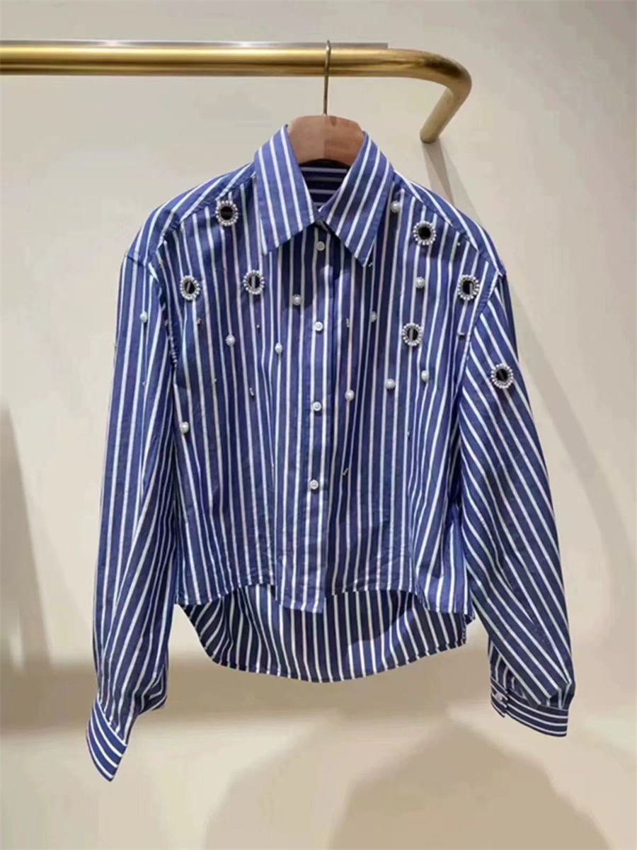 Spring 2025 Women Blue Stripes Blouse Fashion Turn-Down Collar Hollow Out Rhinestone Bead Decoration Lady Irregular Shirt