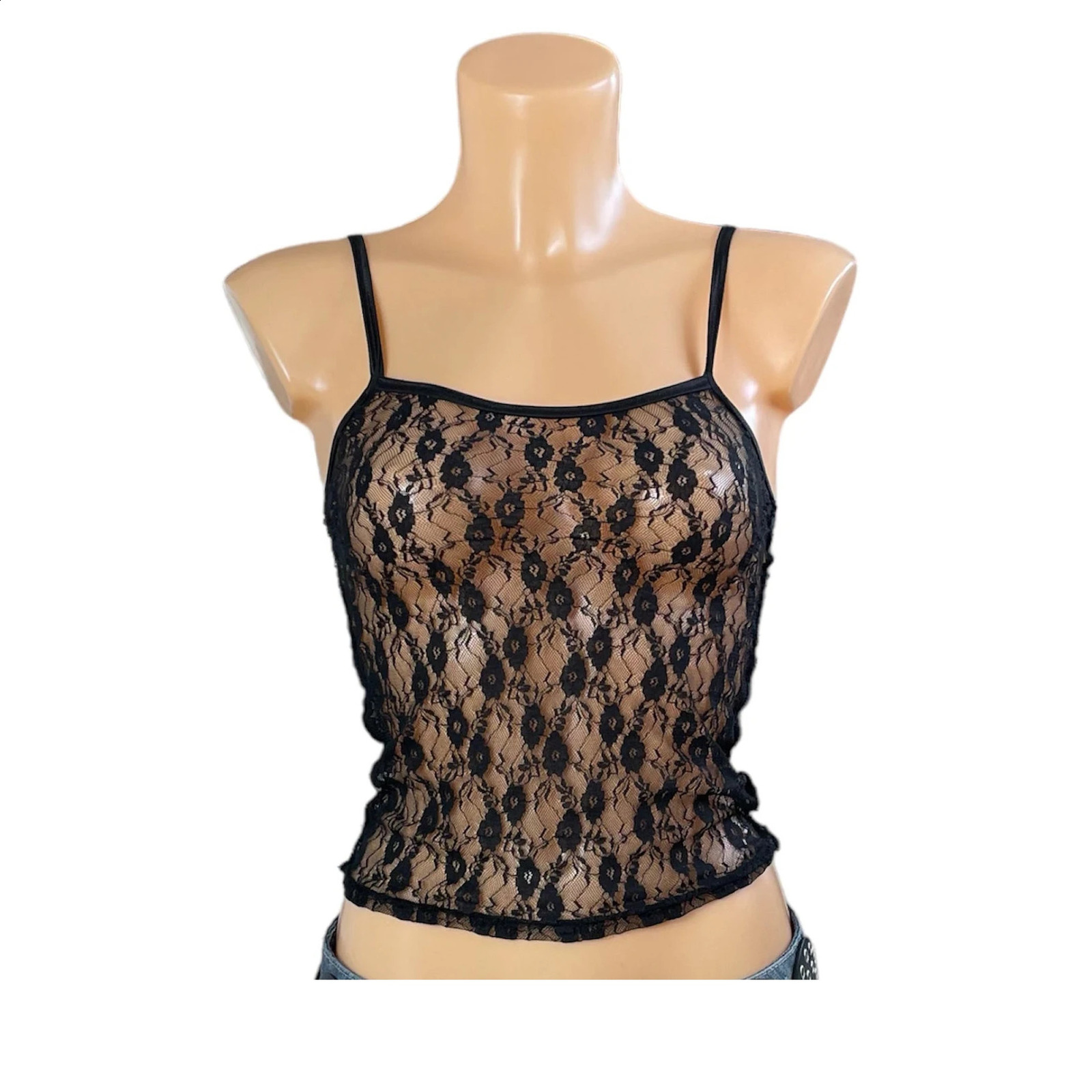 Floral Lace Mesh Sheer Camis 90s Vintage Spaghetti Strap Top Women Summer Sleeveless Vest Y2K Fairycore Backless Crop Tops 250319