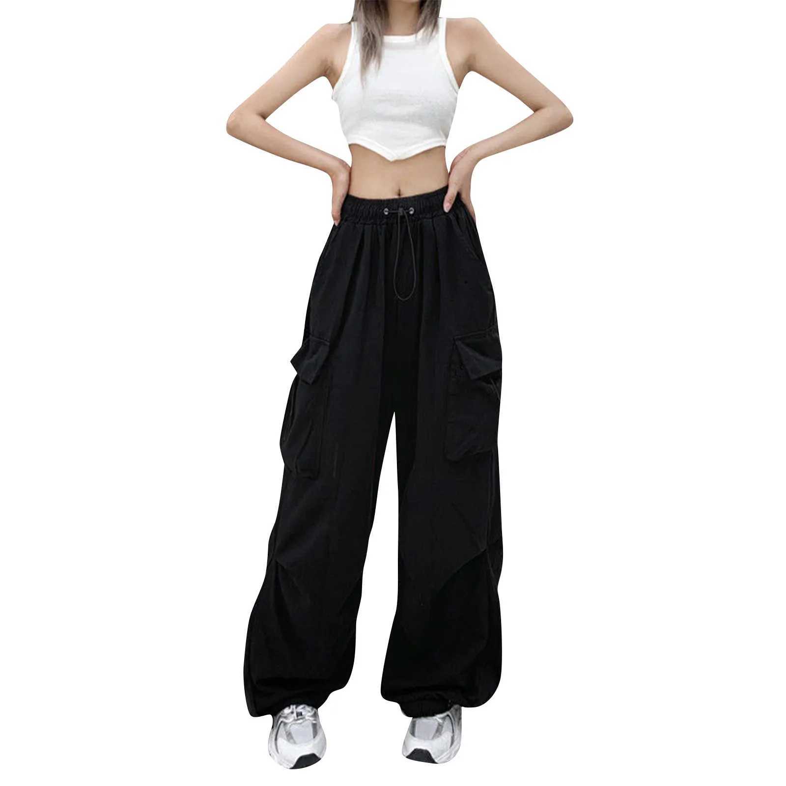 Girls Harajuku streetwear fashion straight leg pants black cool multi pocket high waist paradigm dress loose wide leg TrousersT250318