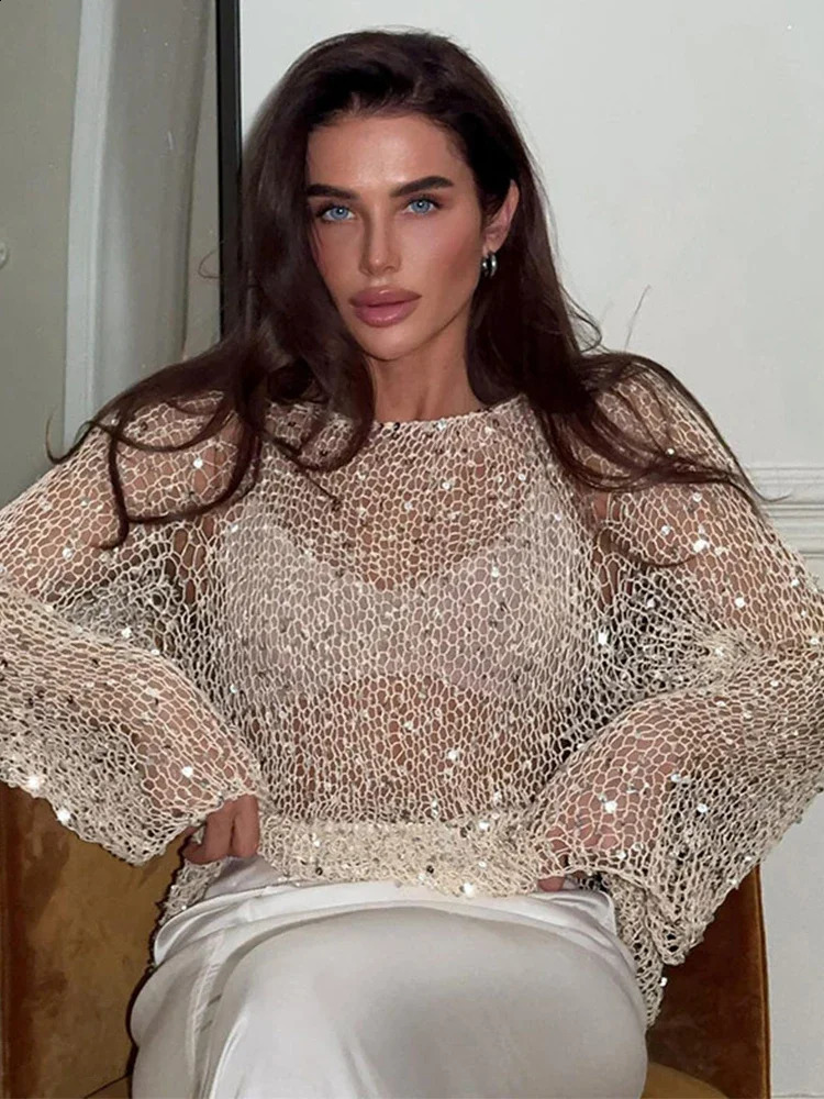 Fashion Sequin Knitted Hollow Out Sweater Women Elegant O-neck Loose Long Sleeve Knitting Top 2025 Spring Female Chic Pullover 250318