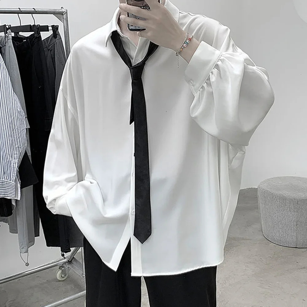 Korean mens long sleeved shirt with black tie comfortable casual solid color oversized breathable and loose Harajuku 250317