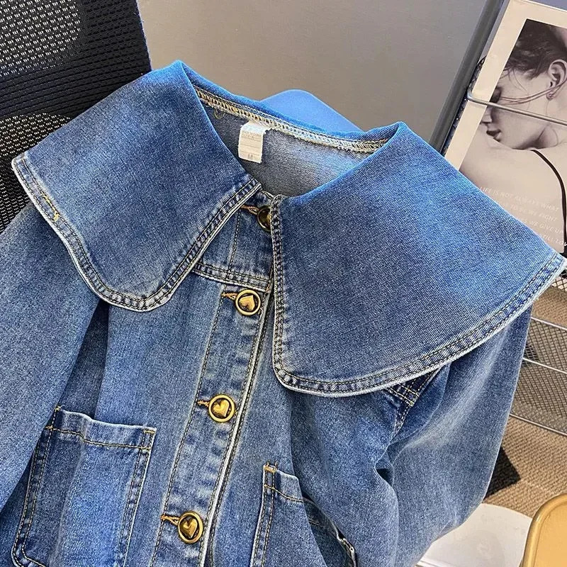 Doll Collar Denim Jacket Female Spring Autumn Vintage Lotus Leaf Collar Loose Cowgirl Jackets Tops Single-Breasted Coat 250317