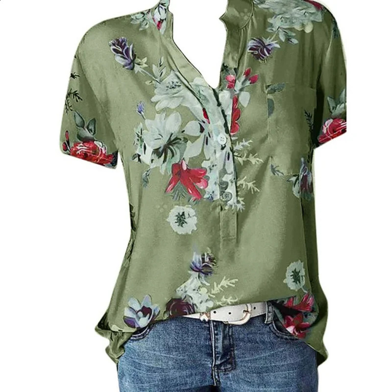 Elegant womens printed plus size casual shirt fashionable Vneck short sleeved 250318