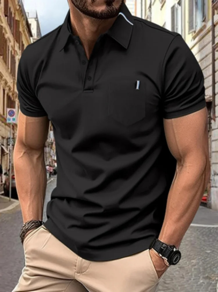 Solid color mens casual fashion lapel pocket ribbon decoration short-sleeved POLO shirt sports golf slim polo shirt 250319
