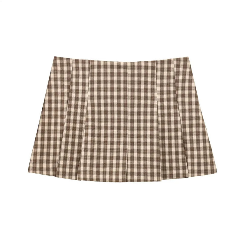 Women 2 Piece Set Elegant Plaid O-Neck Single Breasted Pocket Decorate Vest TopChic Zipper Pleated Slim Mini Culottes 250318