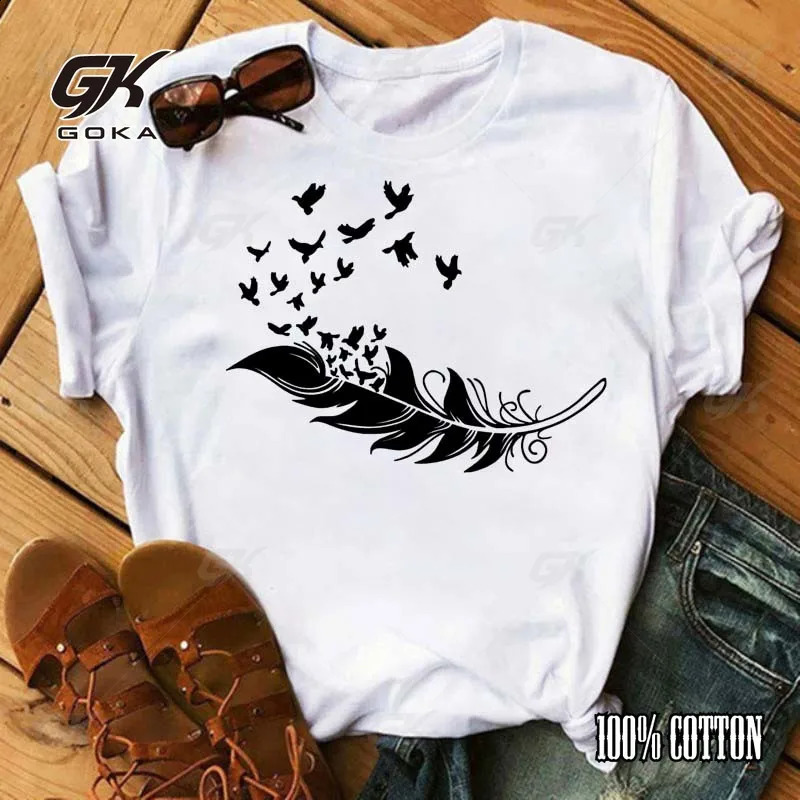 Fashion Birds Print Women Cotton T Shirt Loose Short Sleeve O Neck Hip Hop Ladies Tees Vintage Top Clothes Unisex Shirts 250311