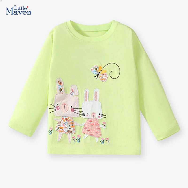 Little Maven Autumn Spring Tops Kids Clothes Childrens Clothing Baby Girls Embroidered Cartoon Rabbits T-shirts Cotton 250319