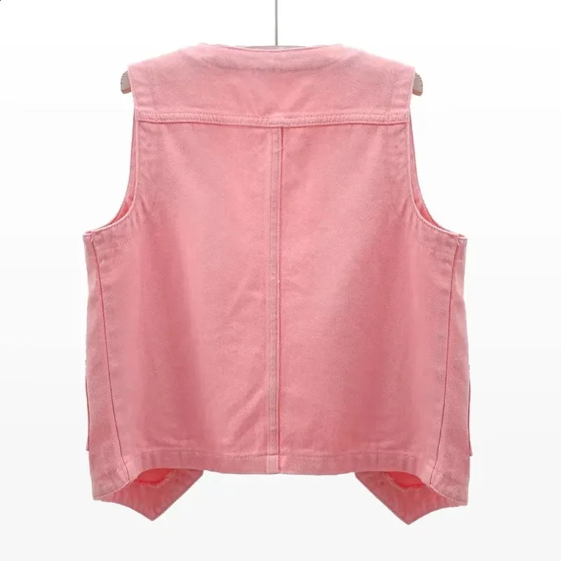 2024 SpringSummer Vneck Denim Tank Top Womens Short sleeved Jacket Casual Single breasted Jeans Waist Coat T382 250319